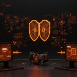 Representación visual de agentes AI colaborando de forma segura en el comercio digital usando blueprints de AWS y Visa para automatización y comercio agentic.