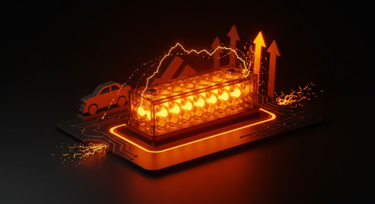Batería sin ánodo con alta densidad energética iluminada en naranja y negro, simbolizando innovación en tecnología de movilidad eléctrica en LATAM.