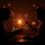 Fundador tecnológico interactuando con algoritmos y plataformas abiertas que representan el bienestar digital y la salud mental en startups 2025.