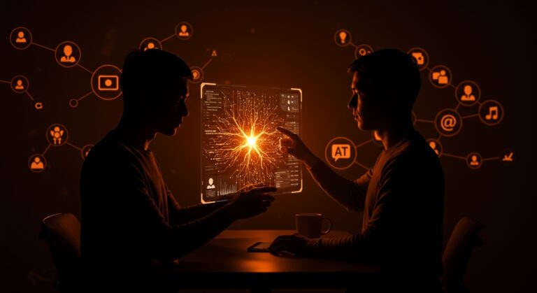 Fundador tecnológico interactuando con algoritmos y plataformas abiertas que representan el bienestar digital y la salud mental en startups 2025.