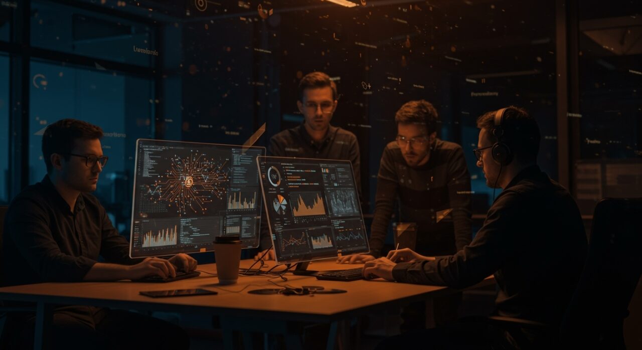 Blog de ingeniería startup con profundidad técnica y casos prácticos para founders y equipos, representado por emprendedores colaborando sobre datos digitales complejos.