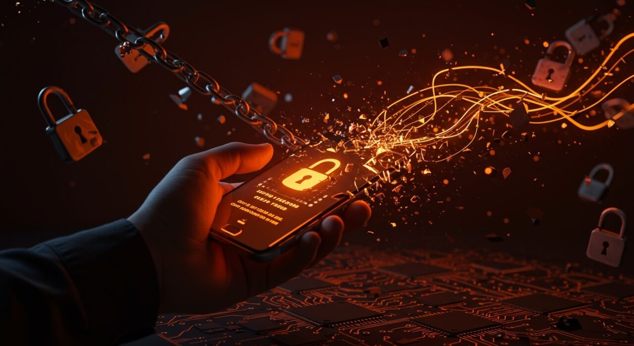 Dispositivo móvil con bootloader bloqueado y metáforas visuales de libertad digital y seguridad en tecnología para founders tech.