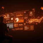 Founder de startup frente a dashboard digital con brecha de datos en Mixpanel, ilustrando seguridad y gestión de datos para startups tecnológicas.