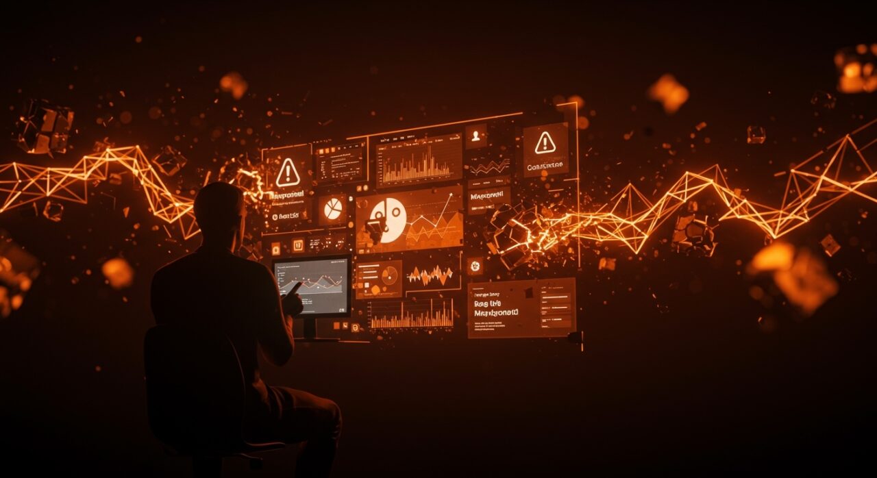 Founder de startup frente a dashboard digital con brecha de datos en Mixpanel, ilustrando seguridad y gestión de datos para startups tecnológicas.