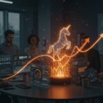 Visualización editorial de Brevo alcanzando estatus unicornio en SaaS CRM con enfoque en inversión y tecnología AI.