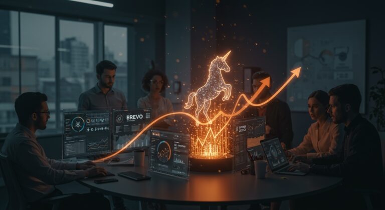 Visualización editorial de Brevo alcanzando estatus unicornio en SaaS CRM con enfoque en inversión y tecnología AI.