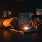 Founder usando un IDE de automatización web con Playwright e inteligencia artificial en un entorno tecnológico avanzado para startups.