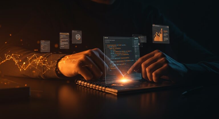 Founder usando un IDE de automatización web con Playwright e inteligencia artificial en un entorno tecnológico avanzado para startups.