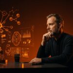 Bryan Johnson en streaming con visualizaciones de psilocibina y biohacking, simbolizando la tendencia en longevidad y tecnología.