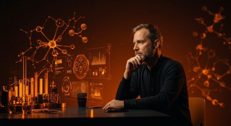 Bryan Johnson en streaming con visualizaciones de psilocibina y biohacking, simbolizando la tendencia en longevidad y tecnología.