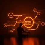 Visualización conceptual de buffers lock-free MPMC mejorando la concurrencia y el rendimiento backend en sistemas SaaS con tonos naranja y negro de Ecosistema Startup.