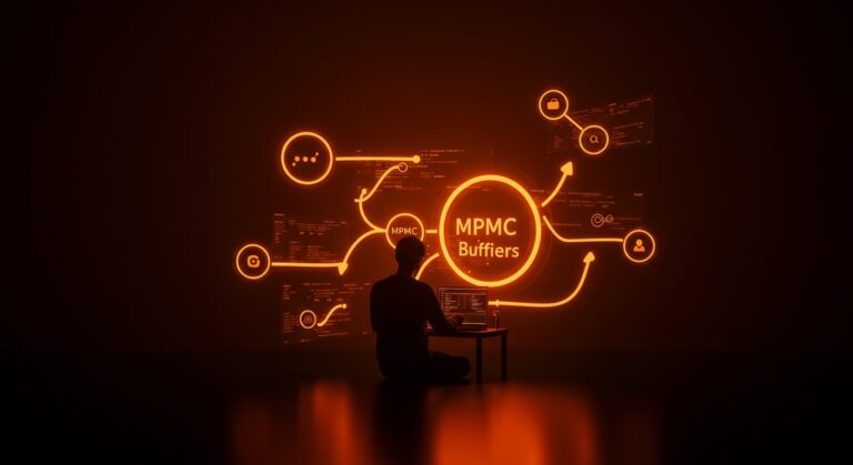 Visualización conceptual de buffers lock-free MPMC mejorando la concurrencia y el rendimiento backend en sistemas SaaS con tonos naranja y negro de Ecosistema Startup.