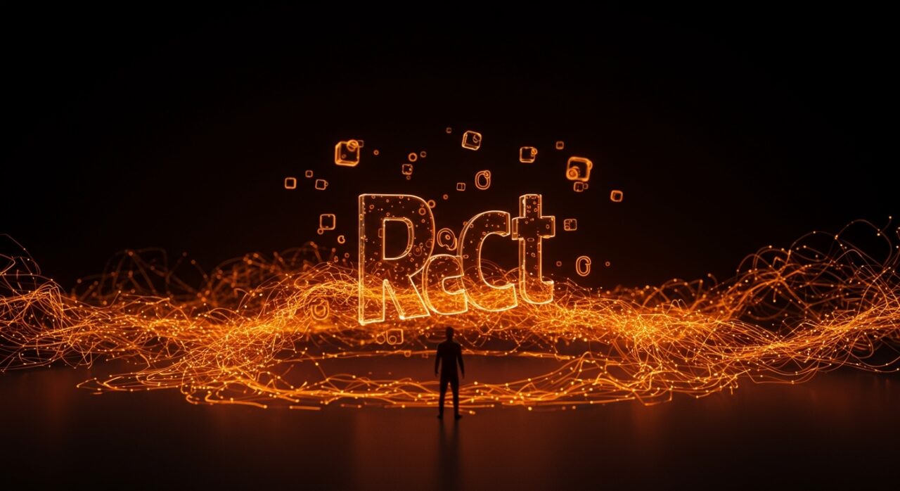 Fundador SaaS con elementos visuales que representan React, hooks y renderizado eficiente en paleta naranja y negro Ecosistema Startup.