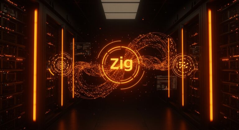 BusterMQ servidor NATS de alto rendimiento en Zig con io_uring, ilustración de tecnología avanzada de mensajería de eventos para backend.