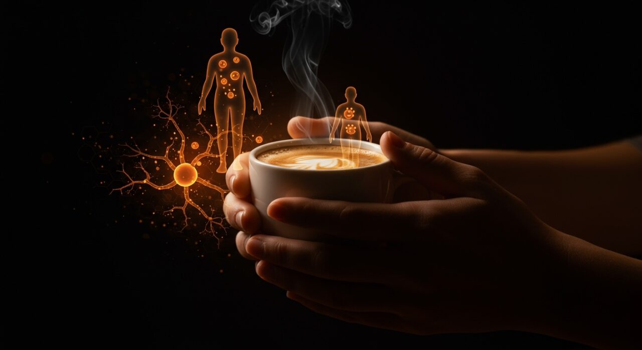 Taza de café con metáforas visuales de envejecimiento biológico y salud mental, destacando estudio de King's College sobre café y envejecimiento.