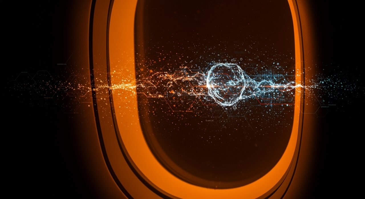 Calidad del agua potable en aerolíneas representada con gotas de agua clara y elementos digitales en un avión, destacando seguridad sanitaria y tecnología de viajes.