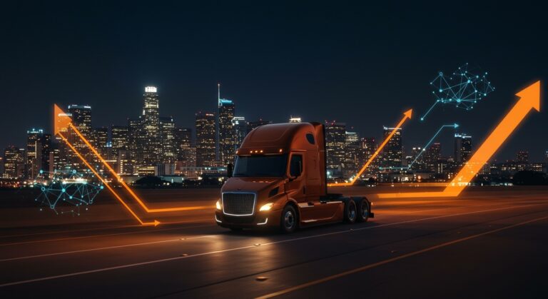 Camión autónomo futurista en carretera con patrones de red neuronal y flechas naranjas representando innovación tecnológica en regulación de California para startups y movilidad.