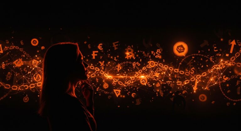 Imagen editorial de líder femenina evaluando riesgos legales en startups fintech y criptomonedas inspirada en el caso Caroline Ellison y FTX.