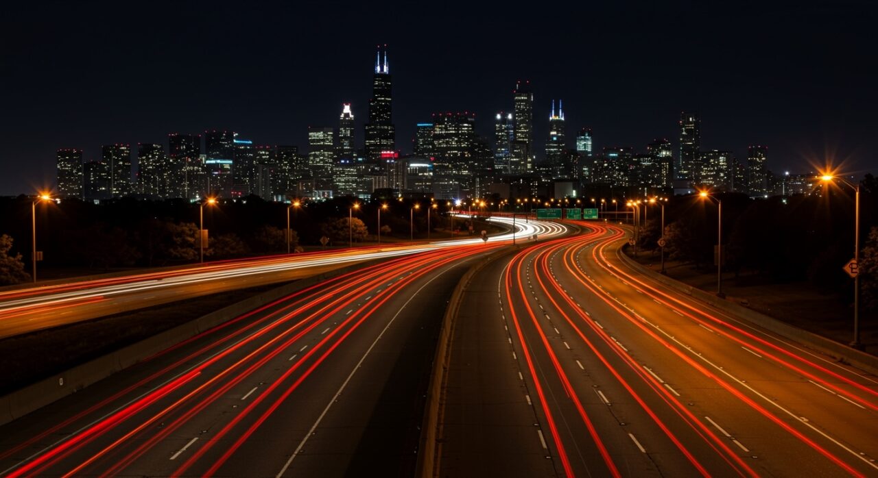 Carreteras de peaje modernas en Estados Unidos con enfoque en financiación, movilidad e infraestructura, ilustradas con Skyway Chicago de fondo.