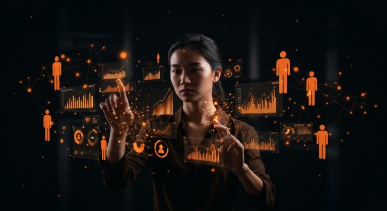 Investigación de mercado automatizada con IA para startups mostrando interfaz holográfica y gráficos tecnológicos en colores ecosistema startup.