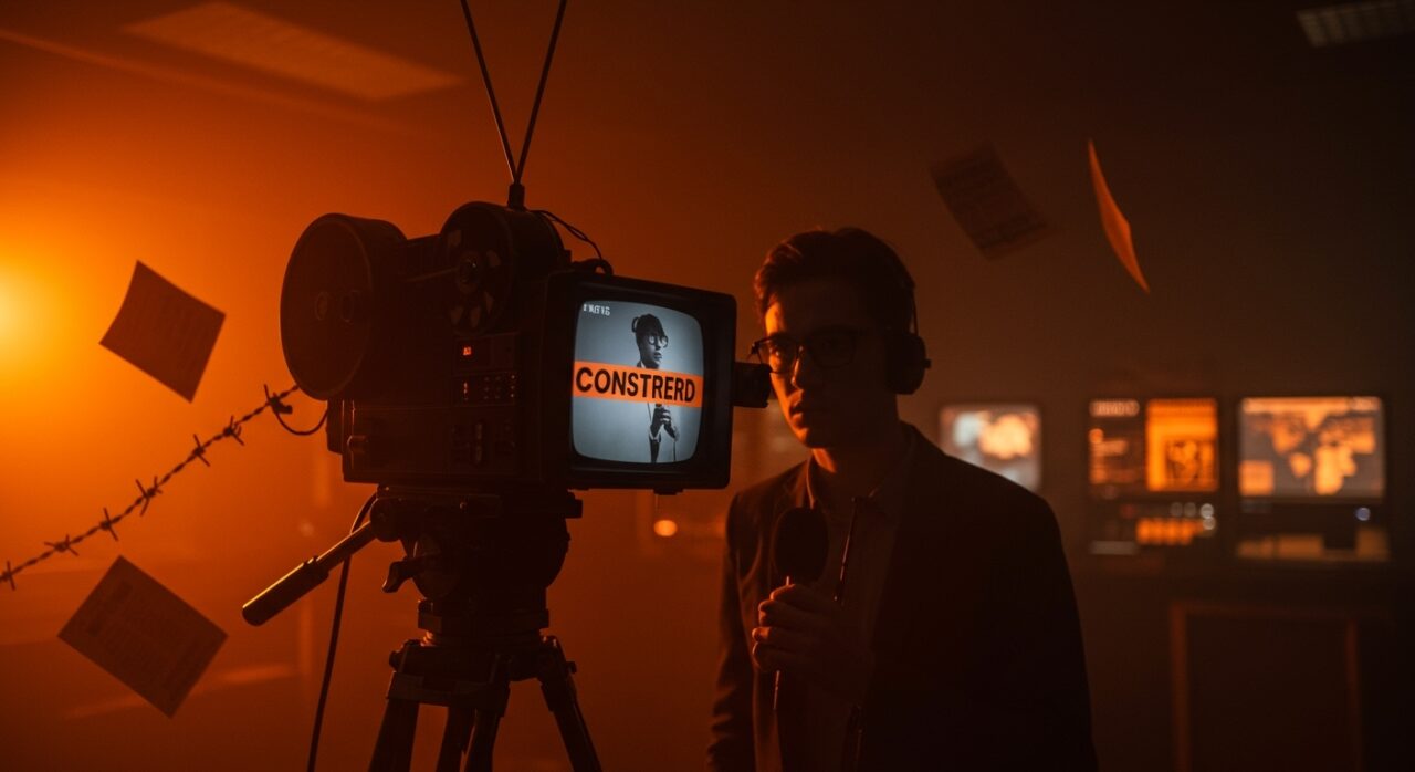Periodismo investigativo y censura mediática en CBS News visualizado a través de una escena editorial cinematográfica en tonos naranja y negro con metáforas de política editorial y derechos humanos.
