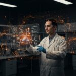 Escena futurista de laboratorio con holograma de IA y estructuras moleculares, representando IA aplicada en biotecnología y el descubrimiento farmacéutico impulsado por inversión.