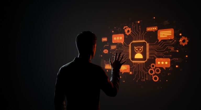 Chatbots de IA y sus desafíos en startups representados con fundador frente a interfaz digital y redes neuronales abstractas en paleta naranja y negro.