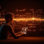 Figura de fundador tecnológico analizando ecuaciones Navier-Stokes y redes neuronales, simbolizando IA aplicada y solución matemática avanzada.