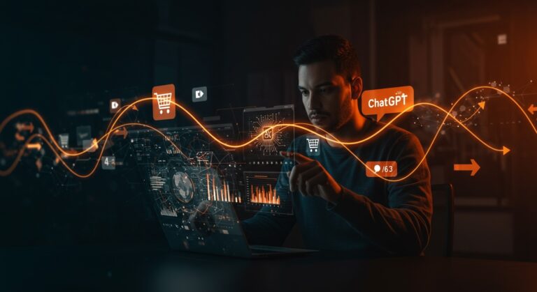 Founder usando interfaz digital con ChatGPT para revolucionar búsqueda de shopping y automatización en ecommerce en LATAM.
