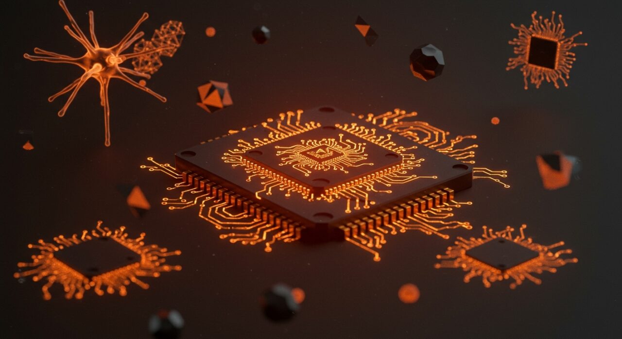 Chip óptico avanzado en tonos naranja y negro, simbolizando innovación en inteligencia artificial y visión semántica para startups tecnológicas.