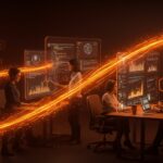 Equipo de emprendedores tecnológicos colaborando en ciberseguridad e innovación en Málaga con un fondo de metáforas visuales que representan startups y hackathon.