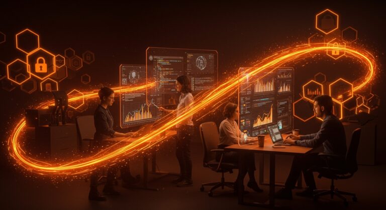 Equipo de emprendedores tecnológicos colaborando en ciberseguridad e innovación en Málaga con un fondo de metáforas visuales que representan startups y hackathon.