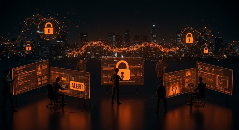 Expertos en ciberseguridad enfrentando ataques de ransomware, simbolizando los riesgos y desafíos para startups en seguridad digital.