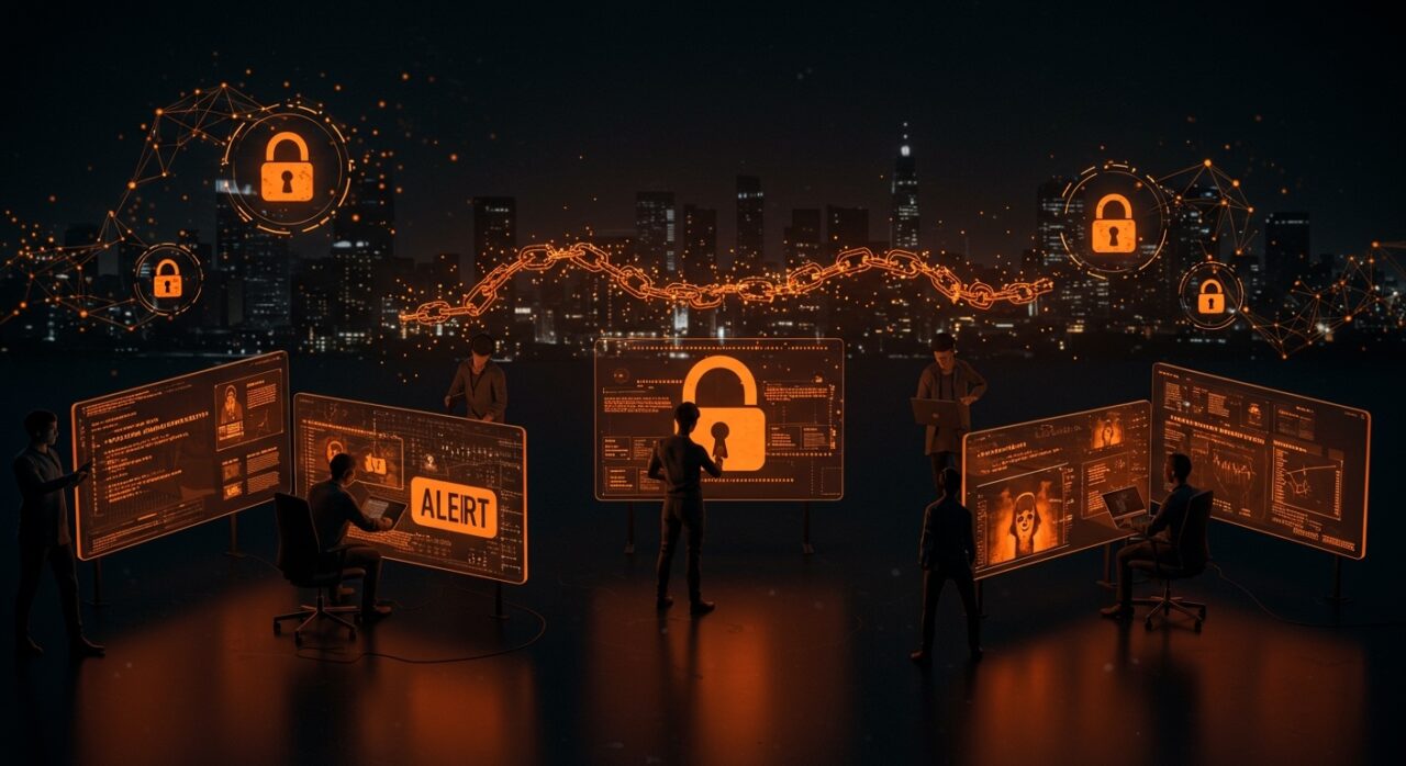 Expertos en ciberseguridad enfrentando ataques de ransomware, simbolizando los riesgos y desafíos para startups en seguridad digital.