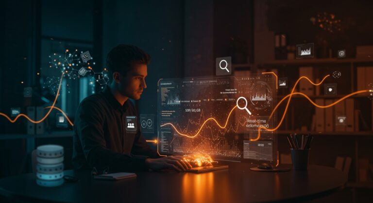 Ilustración de fundador tech usando Claude Code para búsquedas semánticas y consultas SQL en big data con inteligencia artificial aplicada.