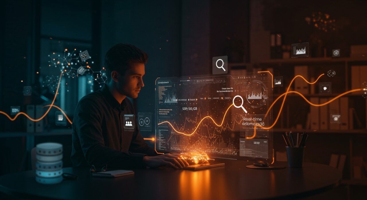 Ilustración de fundador tech usando Claude Code para búsquedas semánticas y consultas SQL en big data con inteligencia artificial aplicada.