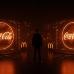Ejecutivo representando la alianza global entre Coca-Cola y McDonald's con elementos visuales de estrategia y expansión internacional en tonos naranja y negro.