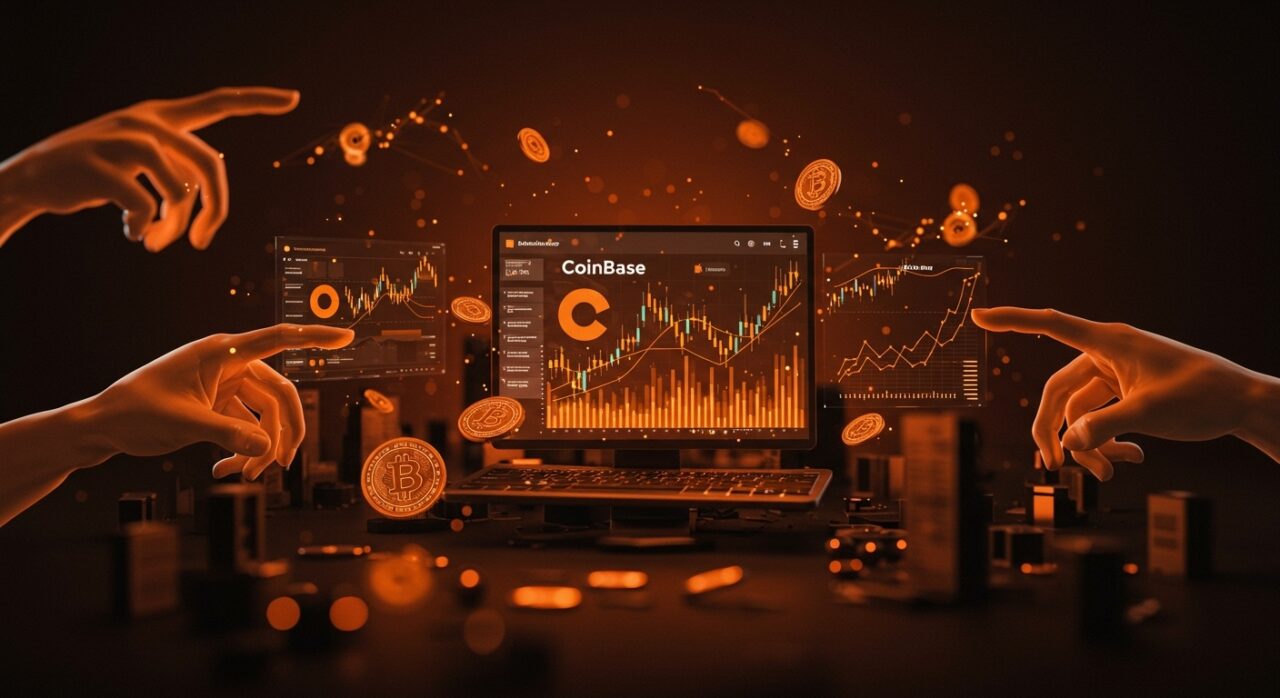 Mercados de predicción cripto de Coinbase mostrando expansión estratégica en fintech y blockchain con gráficos holográficos y redes interconectadas.
