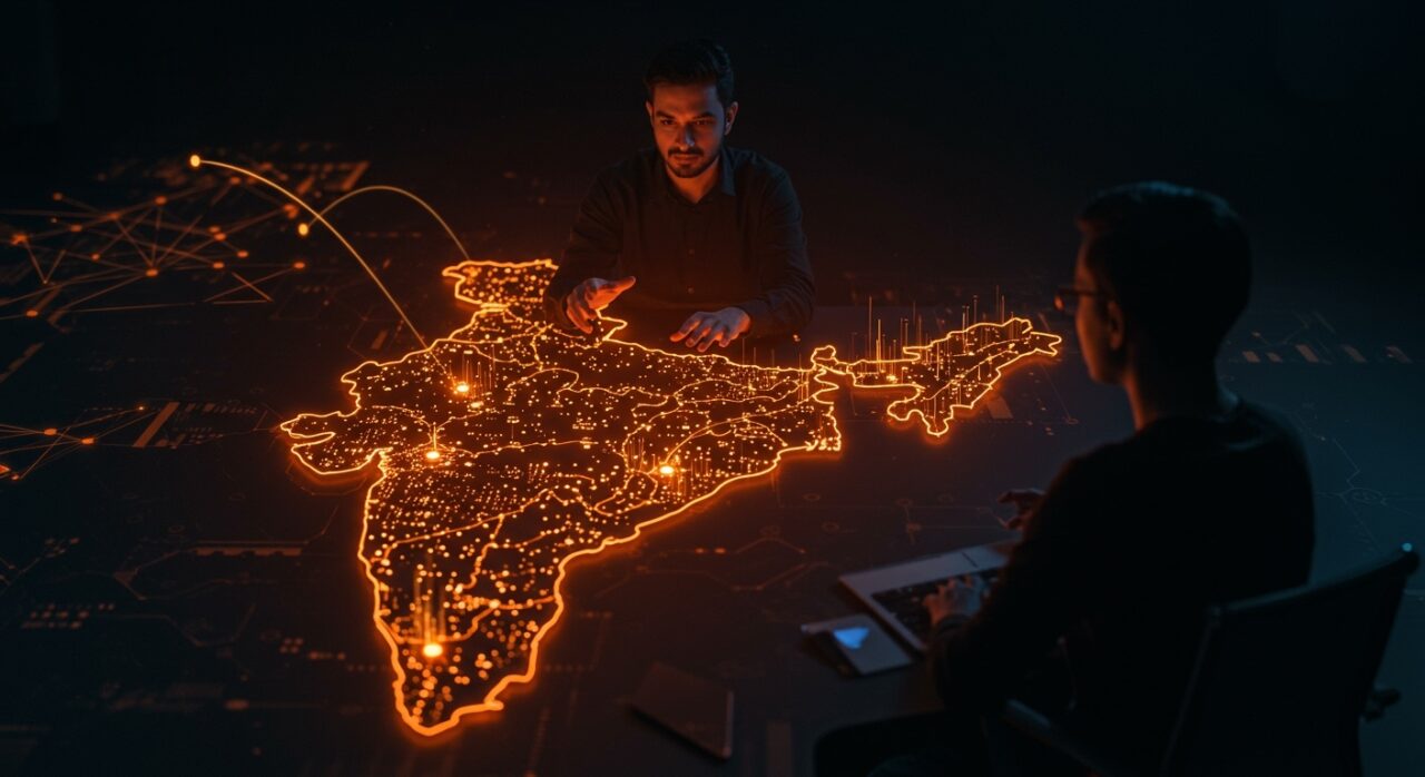 Fundador fintech supervisando mapa digital de India con nodos brillantes que simbolizan la expansión y relanzamiento de Coinbase en el mercado fintech indio.