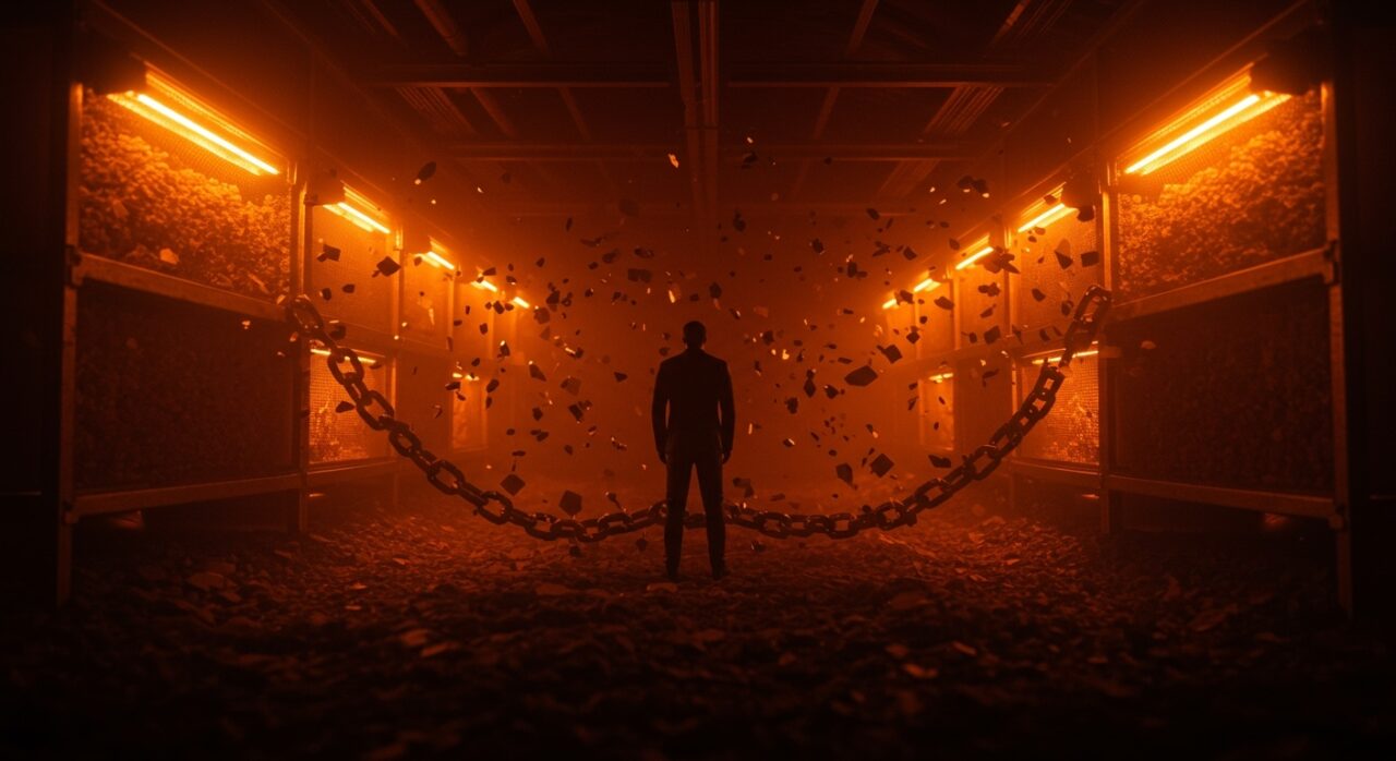 Colapso de startup de insect farming Ÿnsect representado por un emprendedor y cadenas rotas en ecosistema tech y funding.