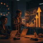 Equipo de startup colaborando con visualizaciones digitales sobre legislación de la Unión Europea e innovación en un entorno moderno.