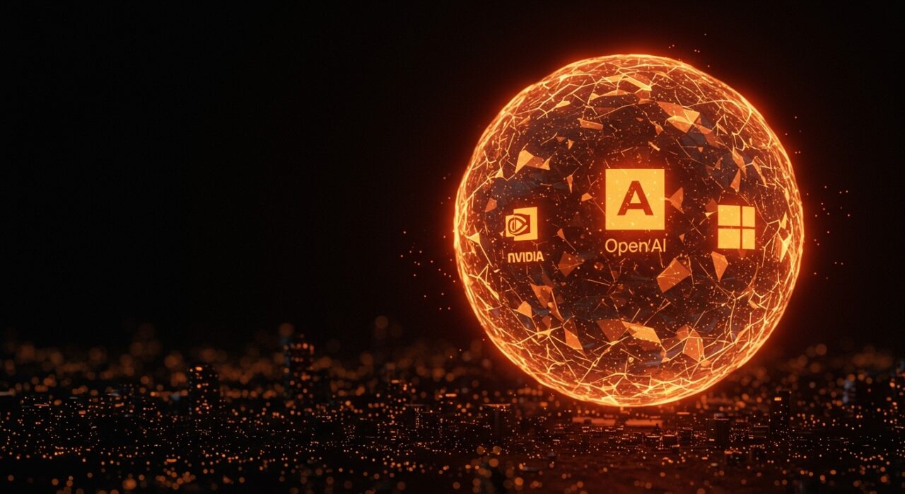 Burbuja de IA con logos de OpenAI, NVIDIA y Microsoft lista para estallar, ilustrando riesgos y sobrevaloración en el mercado de inteligencia artificial.