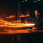 Fundador de startup presentando un pitch efectivo con metáforas visuales de inversión y crecimiento ante inversores.