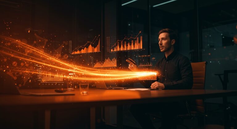 Fundador de startup presentando un pitch efectivo con metáforas visuales de inversión y crecimiento ante inversores.