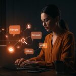 Emprendedor buscando foros relevantes con Google, explorando comunidades activas de phpBB, Simple Machines y vBulletin para conversaciones técnicas profundas.