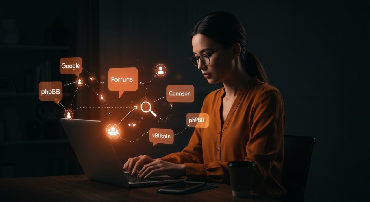 Emprendedor buscando foros relevantes con Google, explorando comunidades activas de phpBB, Simple Machines y vBulletin para conversaciones técnicas profundas.