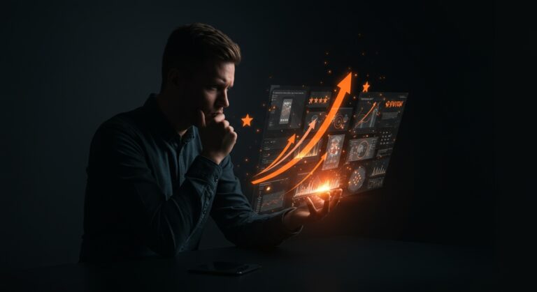 Fundador evaluando productos tecnológicos con experiencias negativas representadas por reseñas y evaluaciones visuales en un entorno tecnológico moderno.