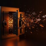 Falla en la protección de software visualizada con un cofre digital abierto y códigos escapando, ilustrando vulnerabilidades en Enigma Protector y estrategias de seguridad informática.