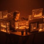 Monetización de creadores digitales ilustrada con un emprendedor tech usando plataformas innovadoras inspiradas en OnlyFans en un entorno futurista.