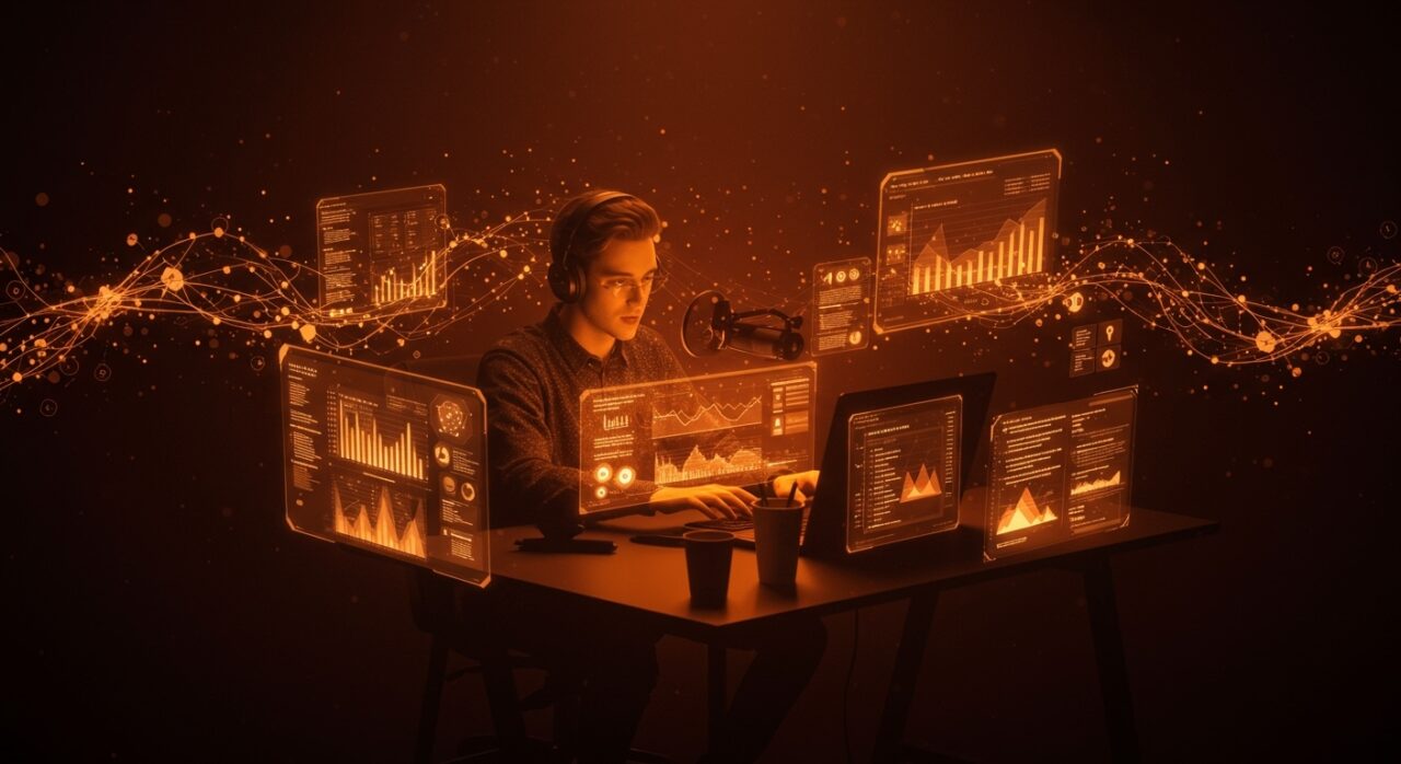 Monetización de creadores digitales ilustrada con un emprendedor tech usando plataformas innovadoras inspiradas en OnlyFans en un entorno futurista.